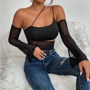 Black One Shoulder Contrast Cut Out Mesh Crop Top